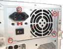 A fitted PSU with fixing screws circled in red